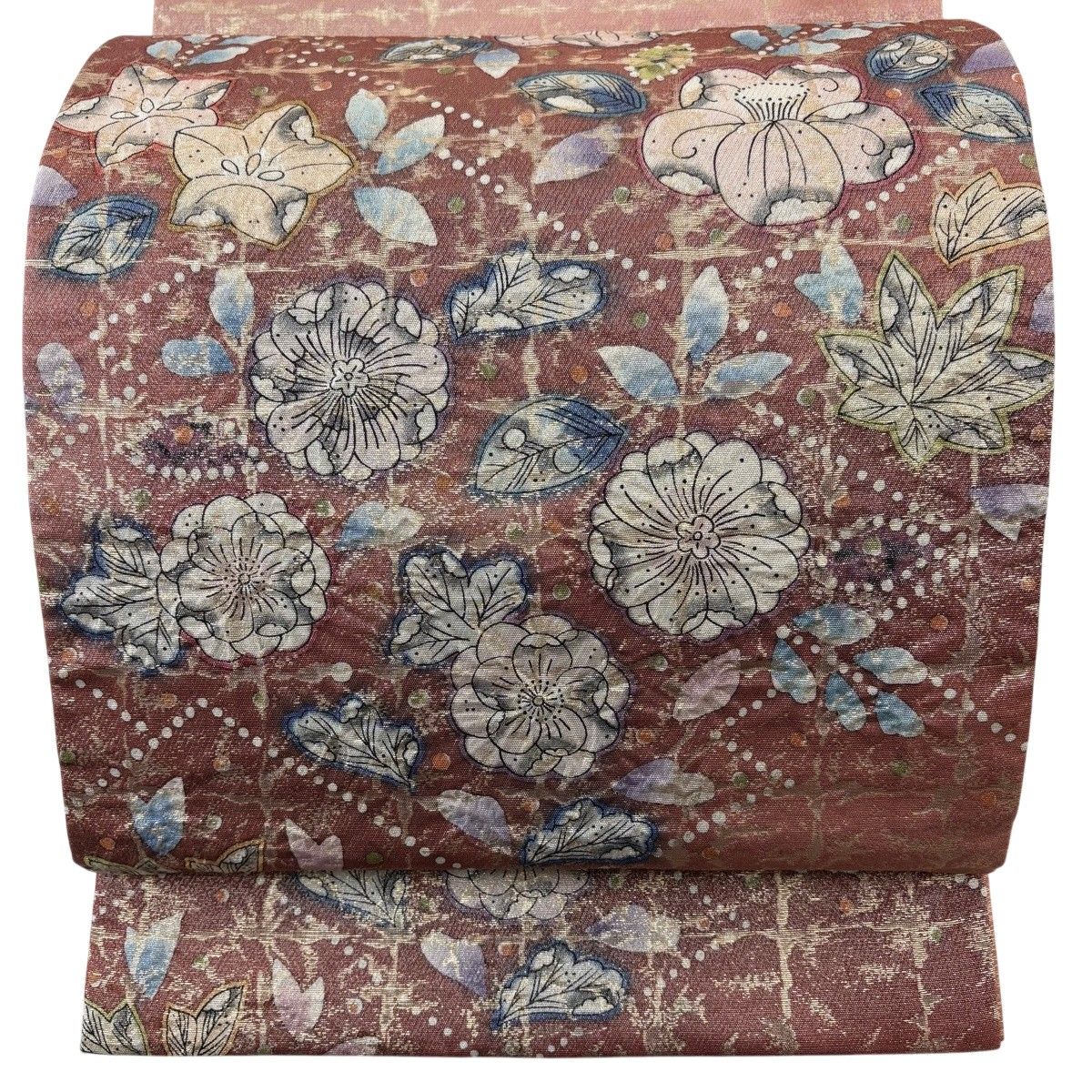 【美品】 袋帯 秀品 草花 格子 箔 ぼかし ピンク お太鼓柄 正絹 【中古】