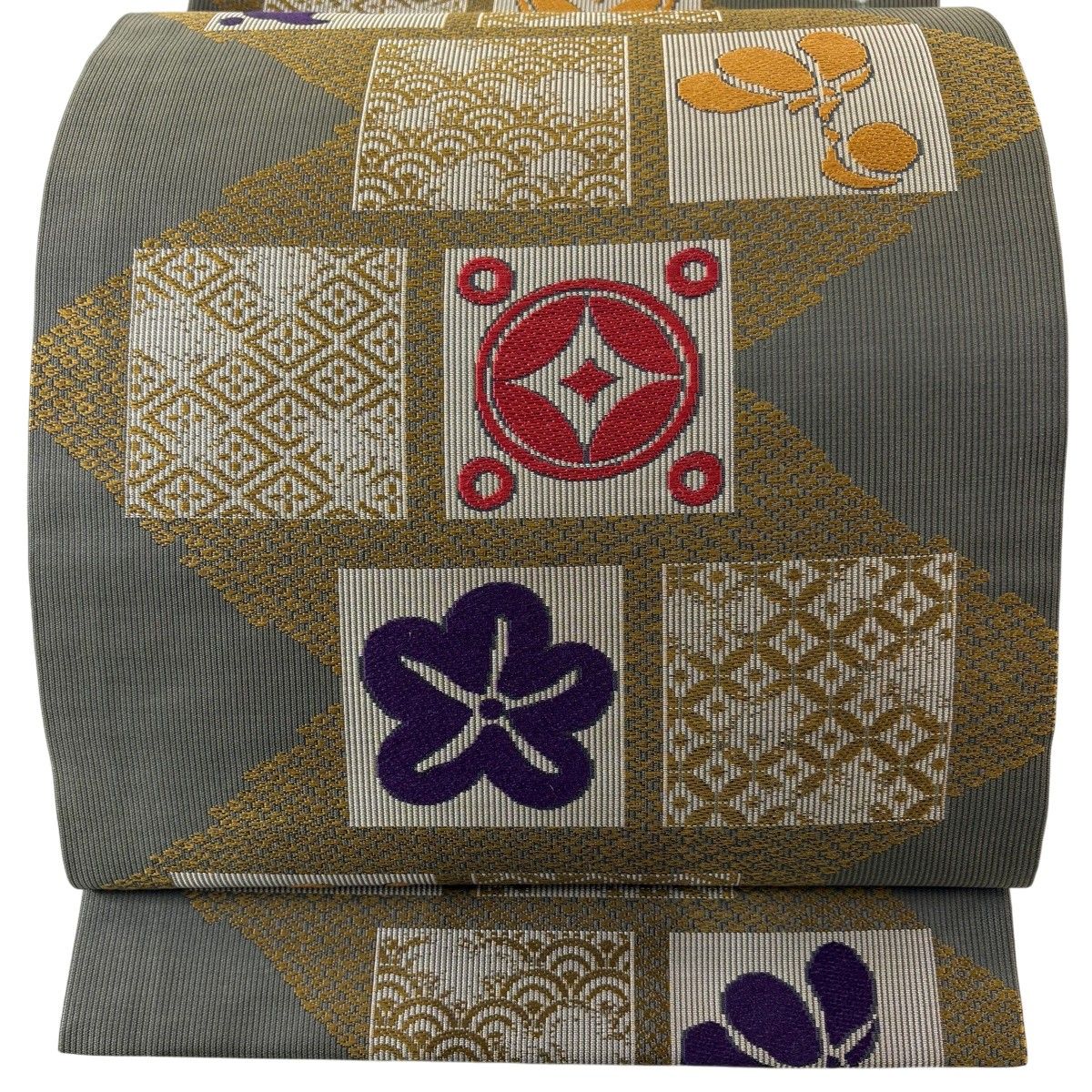 【美品】 開き名古屋帯 秀品 宝尽くし 梅 唐織 茶緑色 正絹 【中古】 8,496円