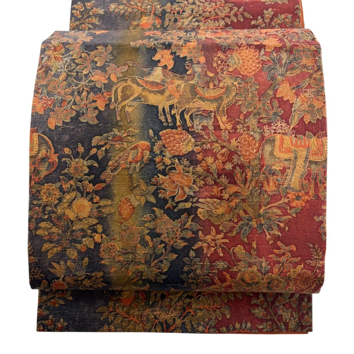 【美品】 袋帯 秀品 草花 動物 茜色 全通 正絹 【中古】