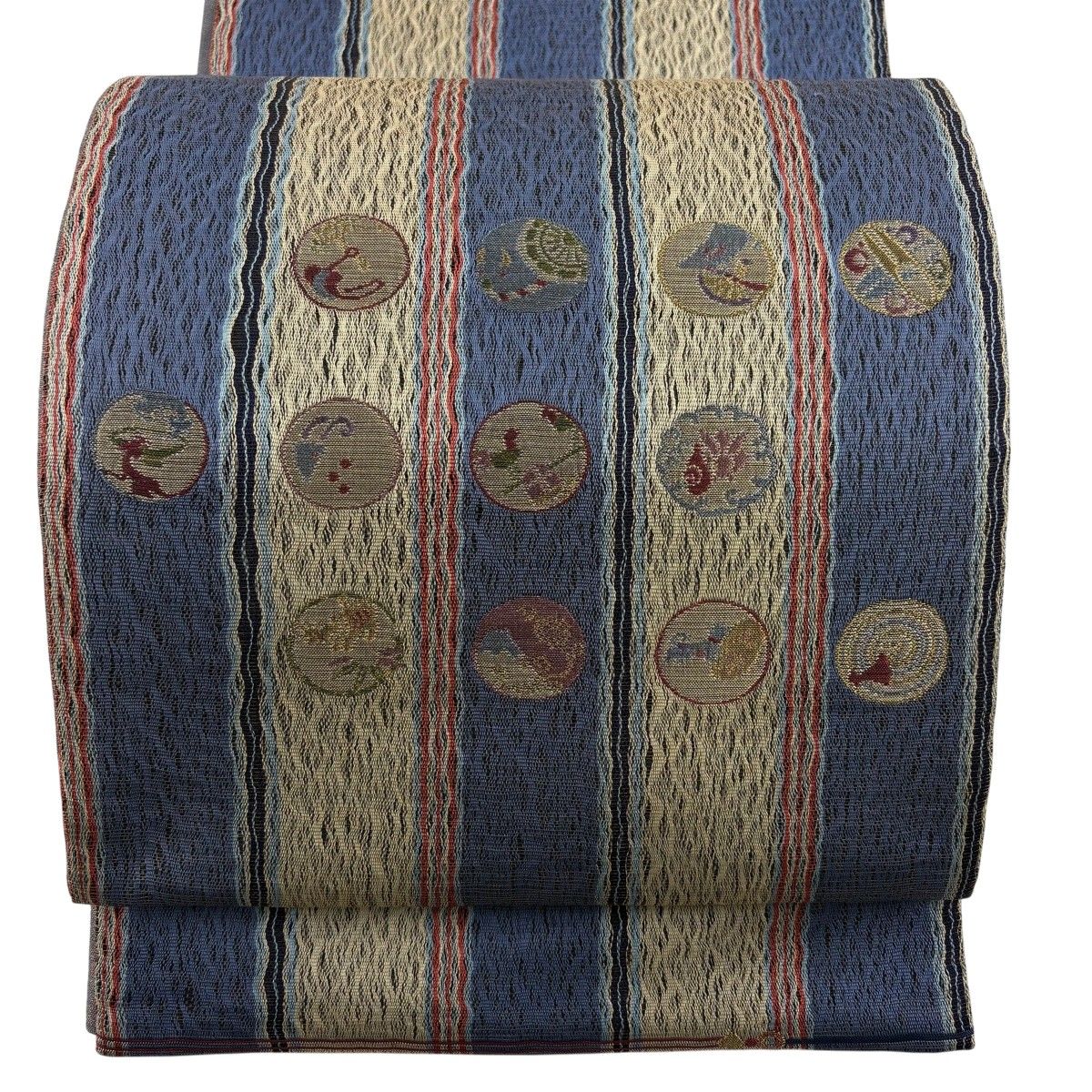 【美品】 袋帯 秀品 夏帯 関西仕立て 動物 縞 金糸 青灰色 お太鼓柄 正絹 【中古】