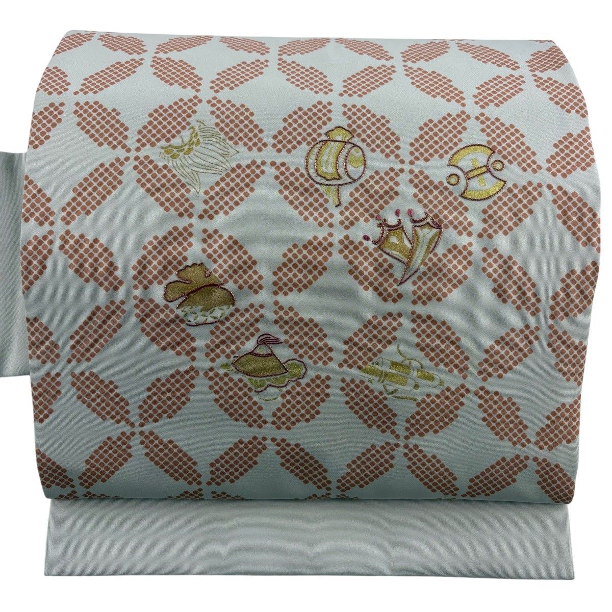 名古屋帯 秀品 宝尽くし 七宝文 金糸 金彩 灰色 正絹 【中古】