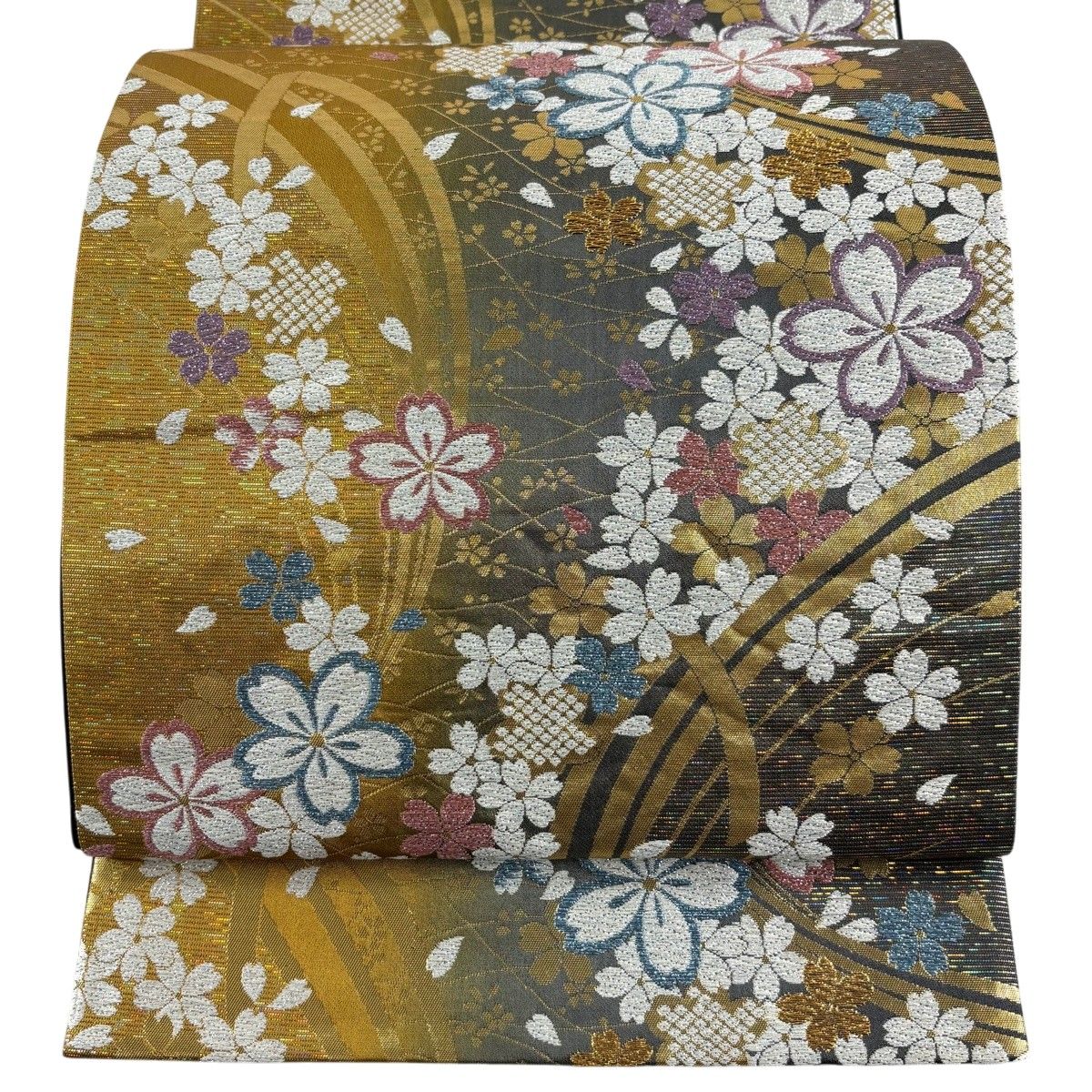 【美品】 袋帯 秀品 桜 幾何学 箔 唐織 黄土色 六通 正絹 【中古】