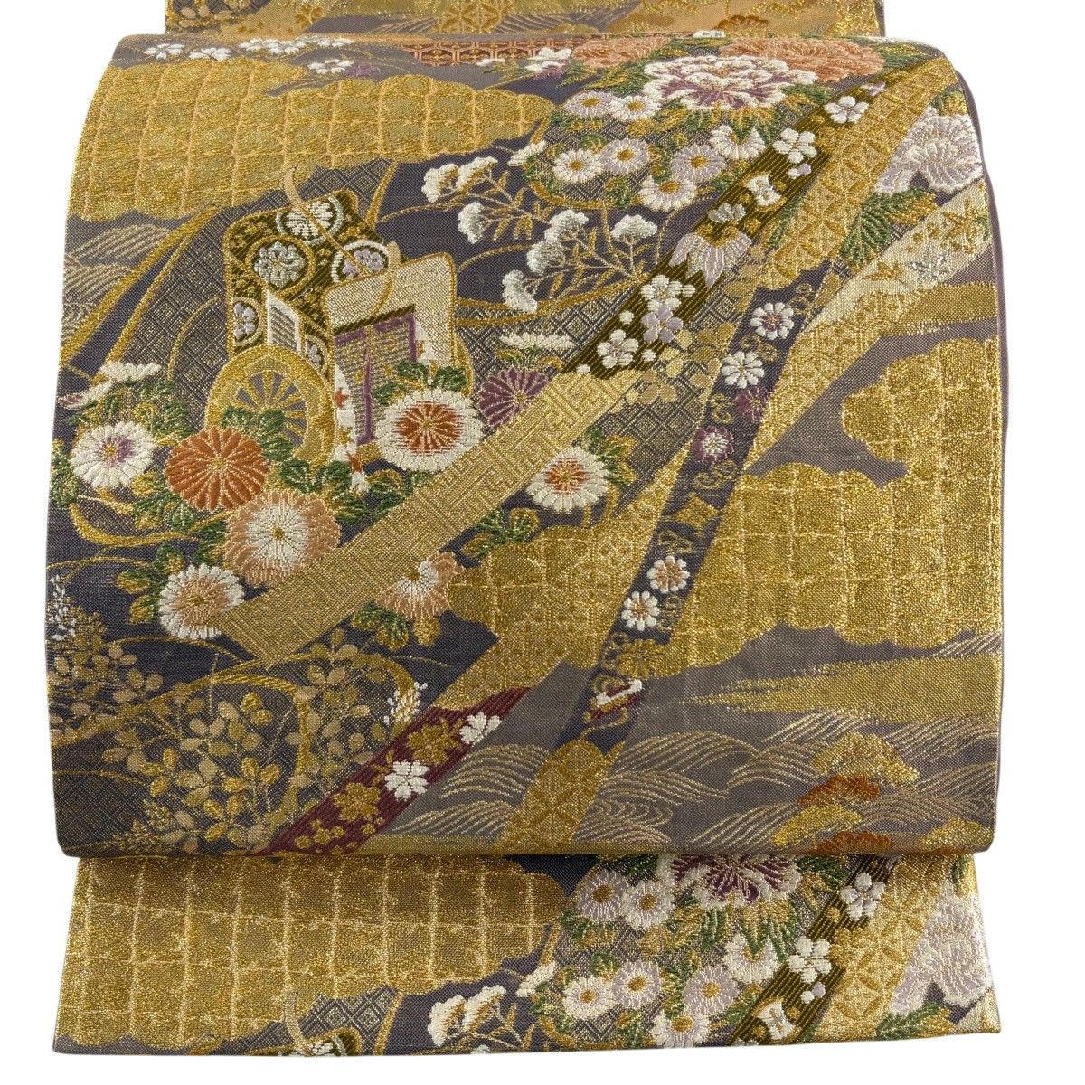 【美品】 袋帯 秀品 やまと 御所車 草花 金銀糸 箔 灰紫 六通 正絹 【中古】