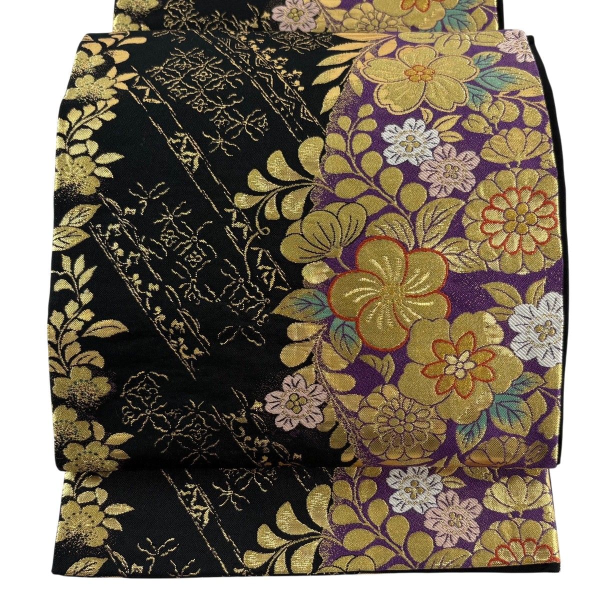 【美品】 袋帯 秀品 草花 箔 金糸 黒 六通 正絹 【中古】