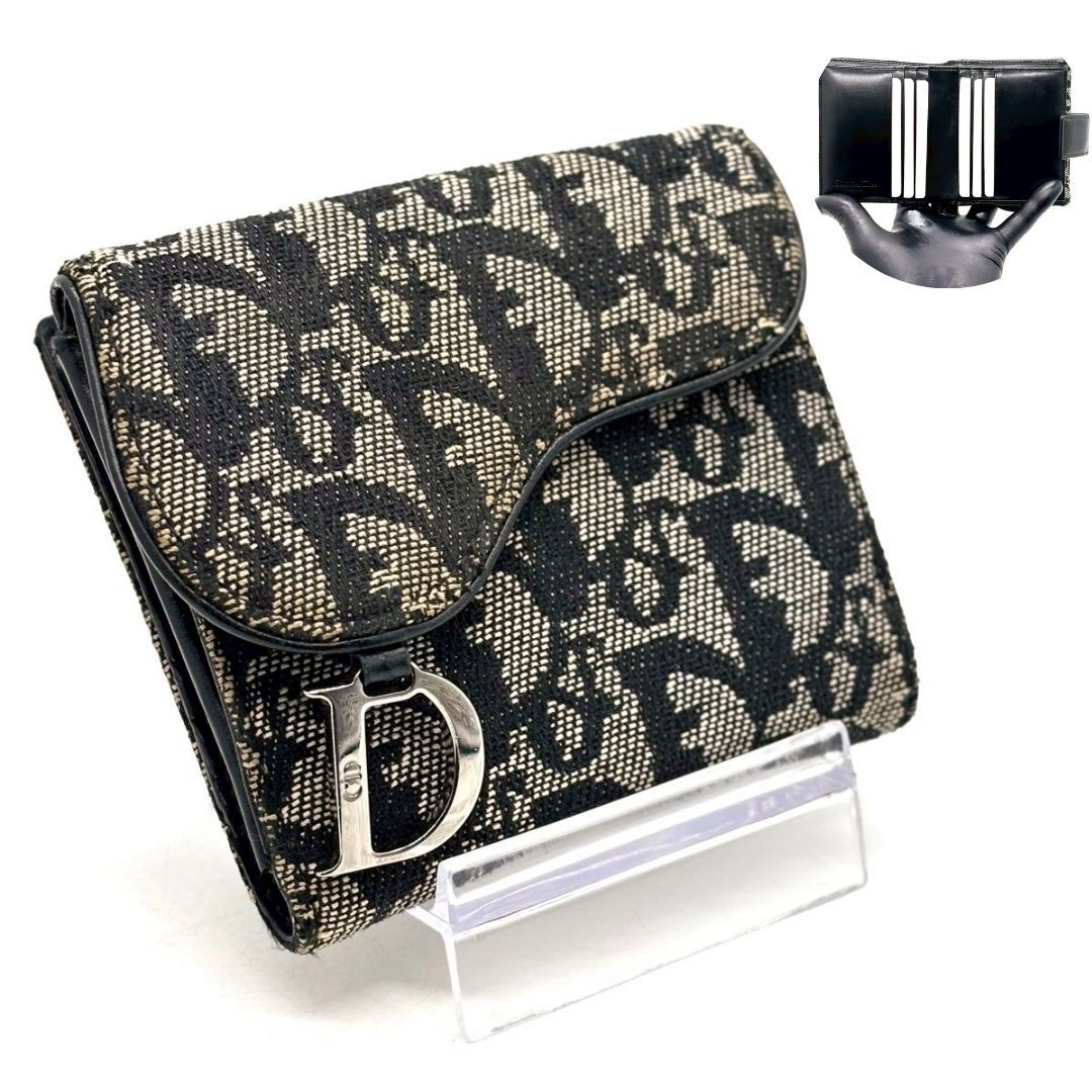 【余韻まで美しく】　Christian Dior　二つ折り財布 トロッター Dロゴ Wホック 総柄 ヴィンテージ　ブラック