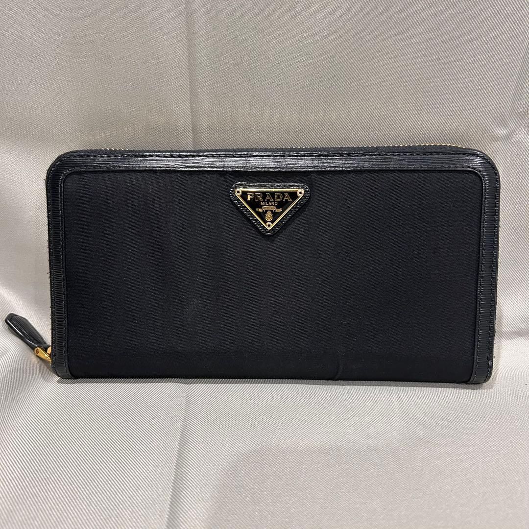 極美品 PRADA プラダ サフィアーノ ジッピー 長財布 ゴールド金具 レザー 三角ロゴ メンズ レディース ブラック