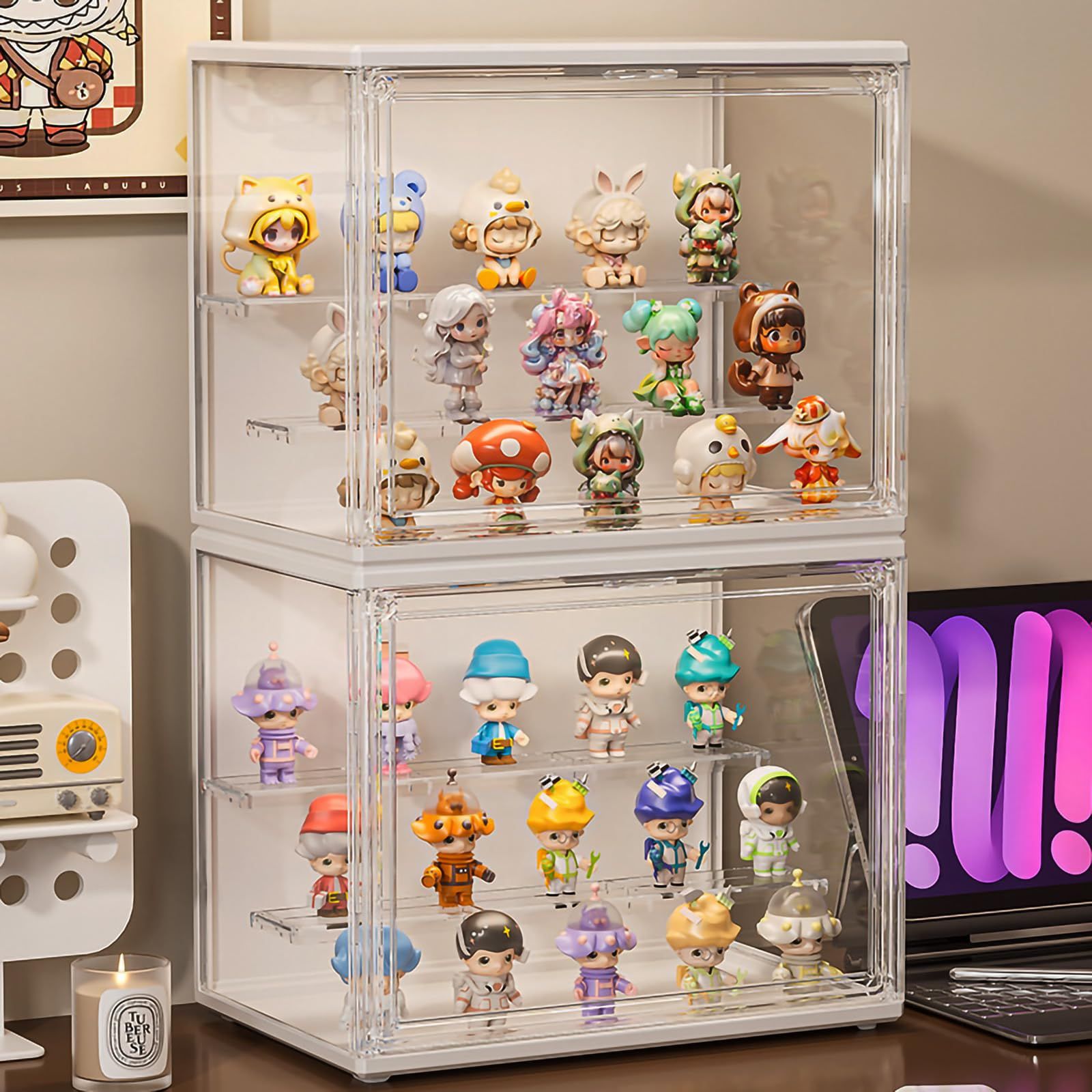 フィギュアケース ２個セット LEDライト付き コレクションケース 透明展示ケース 積み重ね可能 幅36×奥行18×高さ22cm (仕切り板付き) アクリルケース 高透明度 防塵 汚れ防止 透明収納AR 023516a5