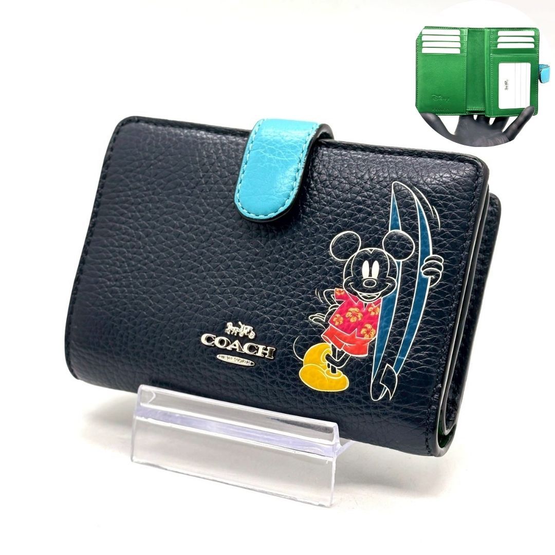 【遊び心をひとさじ】　COACH　ディズニーコラボ ミッキーマウス 二つ折り財布 日本限定 レザー　ネイビー