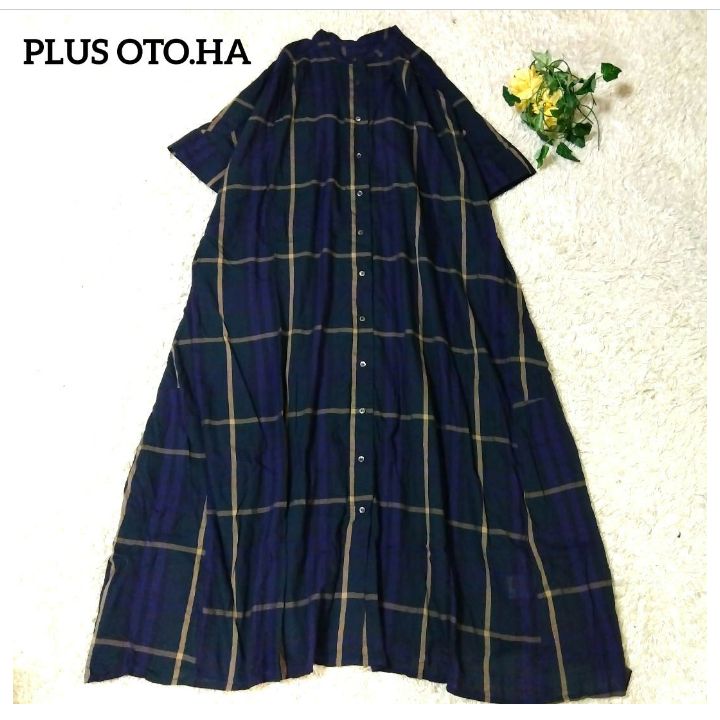 美品　PLUS OTO.HA　プラスオトハ　シャツワンピース ロングワンピース　バンドカラー　チェック　ワンピース
