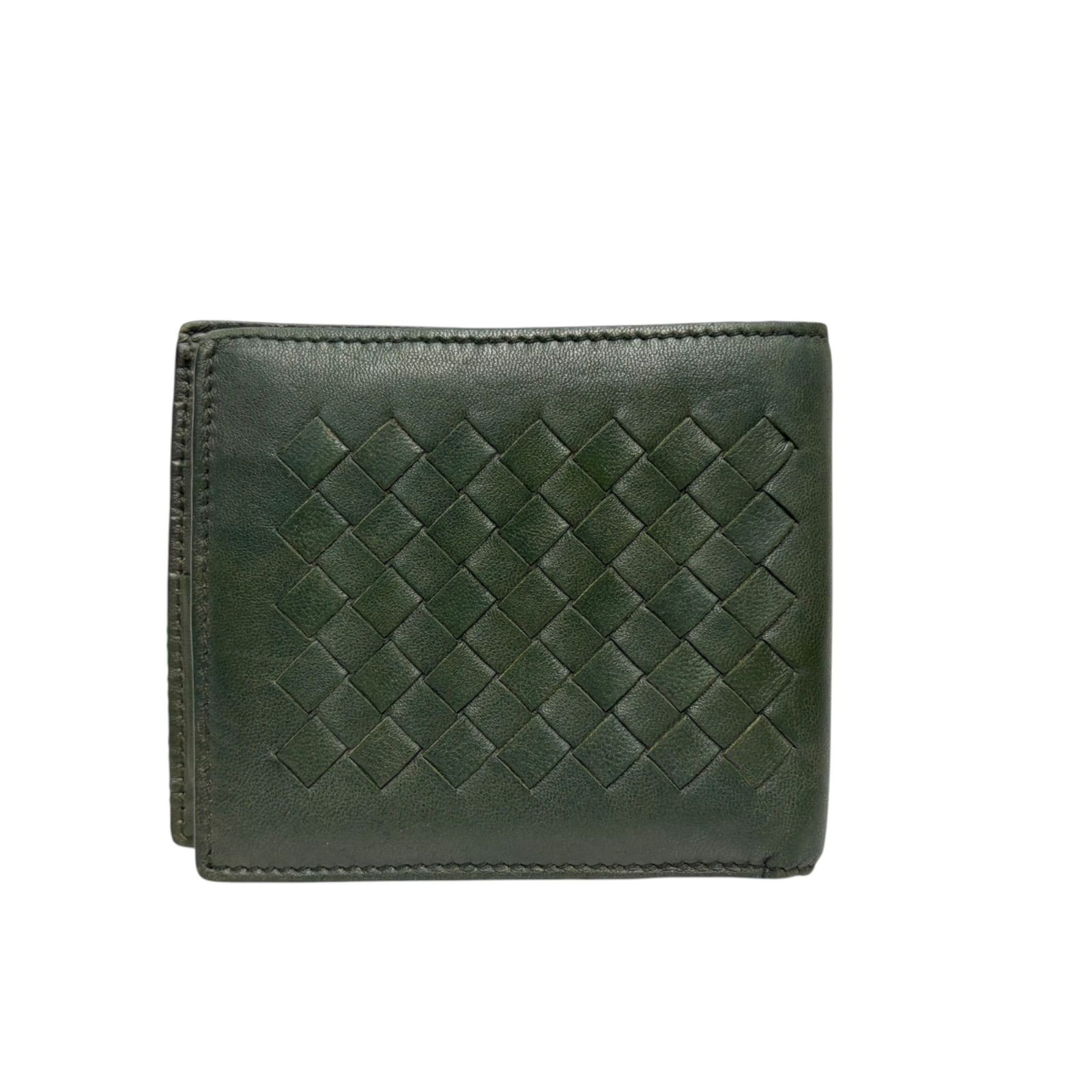 4821BOTTEGA VENETA ボッテガヴェネタ 二つ折り財布 イントレチャート グリーン カーキ レザー