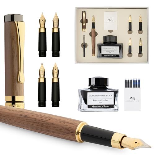 Wordsworth & Black Fountain Pen Gift Set, インク瓶、6個のインクカートリッジ、インクコンバーター、4本の替えペン先、高級竹、ジャーナリング、カリグラフィー、滑らかな書き味のペン [ブラウンウッド]送料 3425f36a