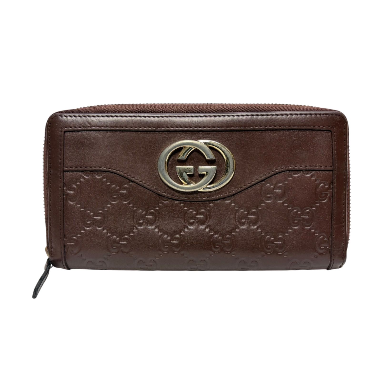 4893 GUCCI グッチ 長財布 シマレザー インターロッキング ダークブラウン レザー