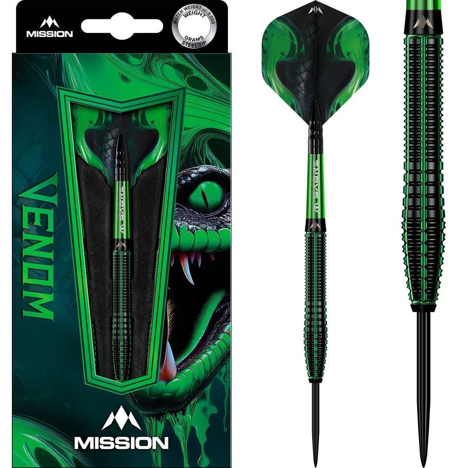 ミッション ダーツ　バレル　ヴェノム スティールチップ 90%タングステン ブラック＆グリーン エレクトロプレート / Mission Venom Steel Tip Darts - 90% Tungsten - Black & Green Electro