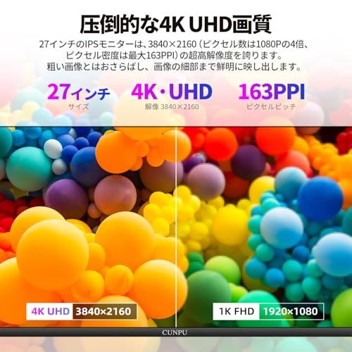 CUNPU 27インチ 4K モニター UHD（3840×2160）70Hz IPS非光沢パネル SRGB 125%/AdobeRGB 93%/DCI-P3 93%/ΔE?2 10.7億色カラー表示 写真/ビデオ編集用 フリッカーセーフ DP 22c36adc