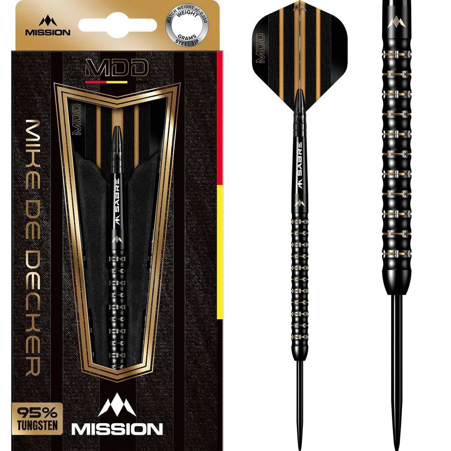 ミッション（Mission Darts）　ダーツ　バレル　マイク・デ・デッカー スティールチップ 95%タングステン ブラック＆ゴールドPVD 22g Mission Mike De Decker Steel Tip Darts - 95%