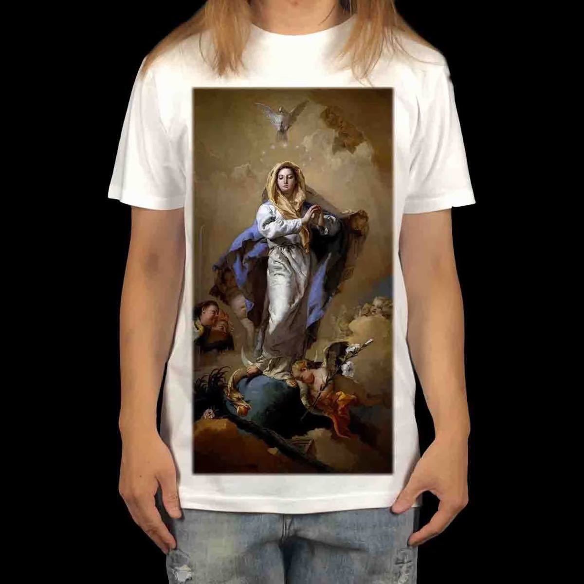 オリジナル Tシャツ ビッグ プリント ティエポロ 無原罪の御宿りマリア バロック 宗教画 アート Tシャツ S M L XL タイト ジャスト 大きい ビッグ オーバーサイズ メンズ レディース ユニセックス ピンククリーム