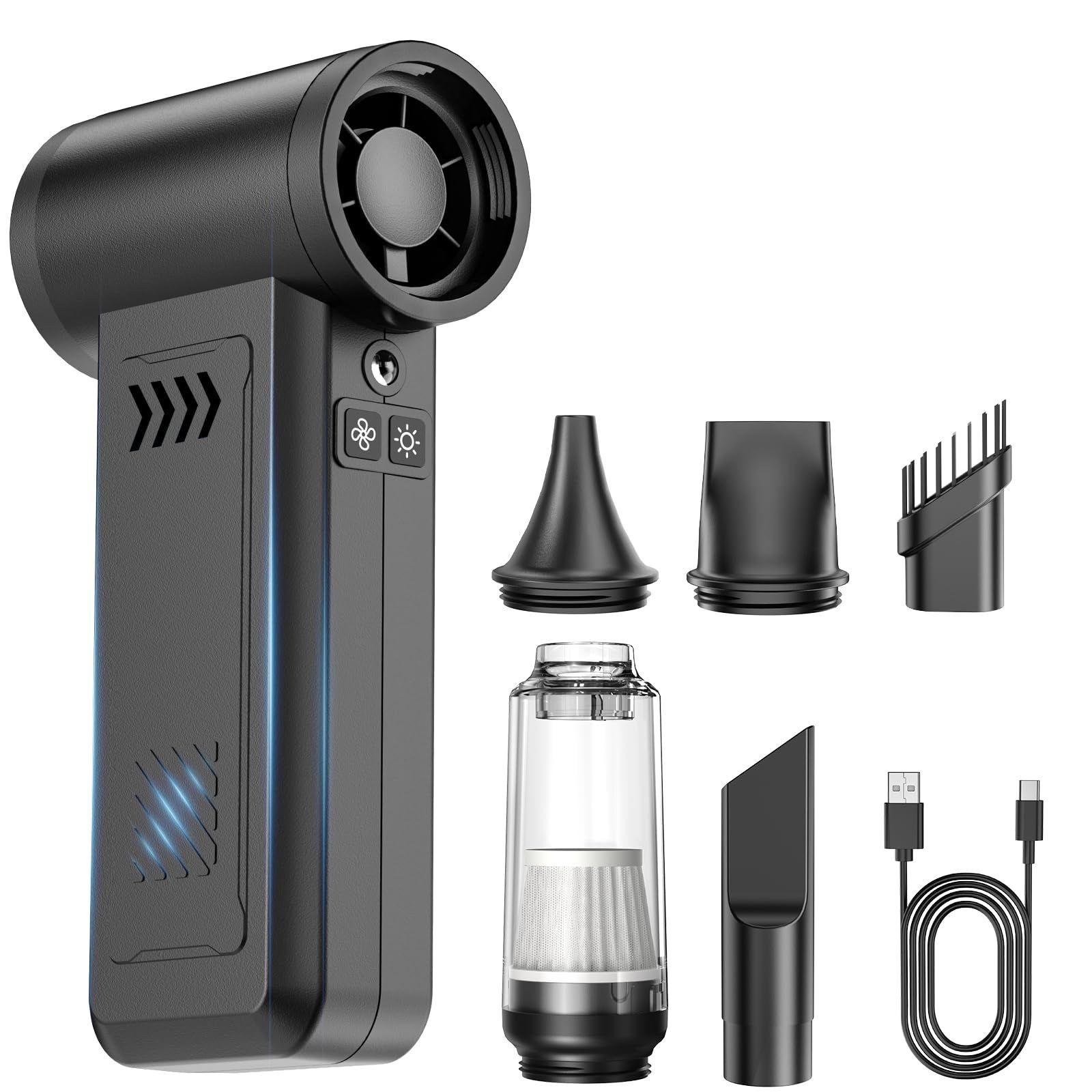 ★新品★エアダスター ブロワー 電動エアダスター 電動ブロワー 洗車 230000RPM回転数 115m/s最大風速 5段階調整+強風モード 8000mAh大容量 Type-C充電式 【吹き飛ばしと吸引の2WAY機能】LEDライト付き キーボード/PC掃除/家