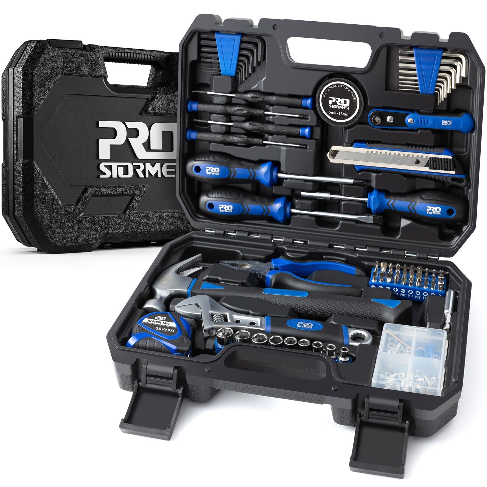 Prostormer 160点 家庭用多機能工具セット （収納ケース付） ホームツールセット バイク・自転車・車整備、オフィス・日曜大工・家具組立に最適な基本手用具セット 家具の組み立て 住まいのメンテナンス用 修理道具セット 木ねじアソート dc248275