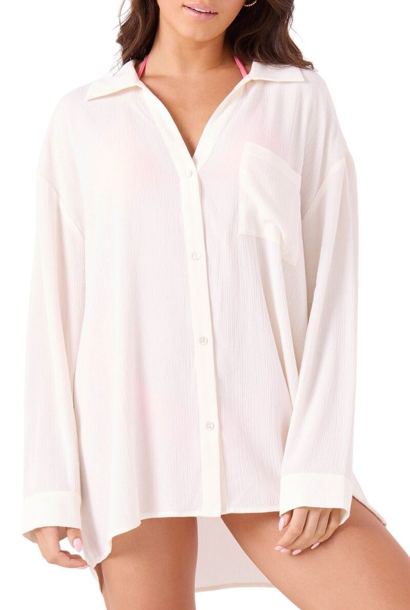 ロキシー レディース トップス シャツ Roxy Womensolid Crinkle Long Sleeve Cover Up Camp Shirt Egret