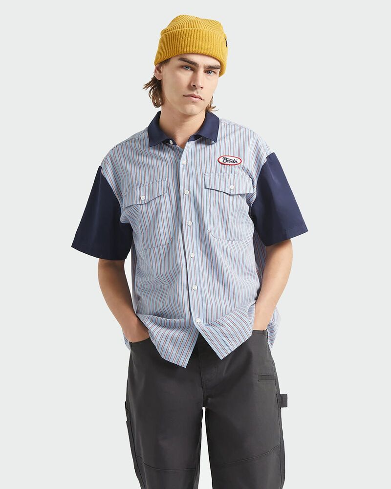 ブリクストン メンズ ボトムス ハーフパンツ・ショーツ シャツ BRIXTON Mens Builders Olson Woven Short Sleeve Shirt Blue Aura Strip