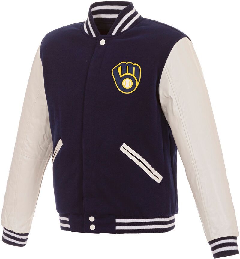 JH デザイン メンズ アウター ジャケット・ブルゾン JH Design Mens Milwaukee Brewers Navy Reversible Varsity Jacket NoColor