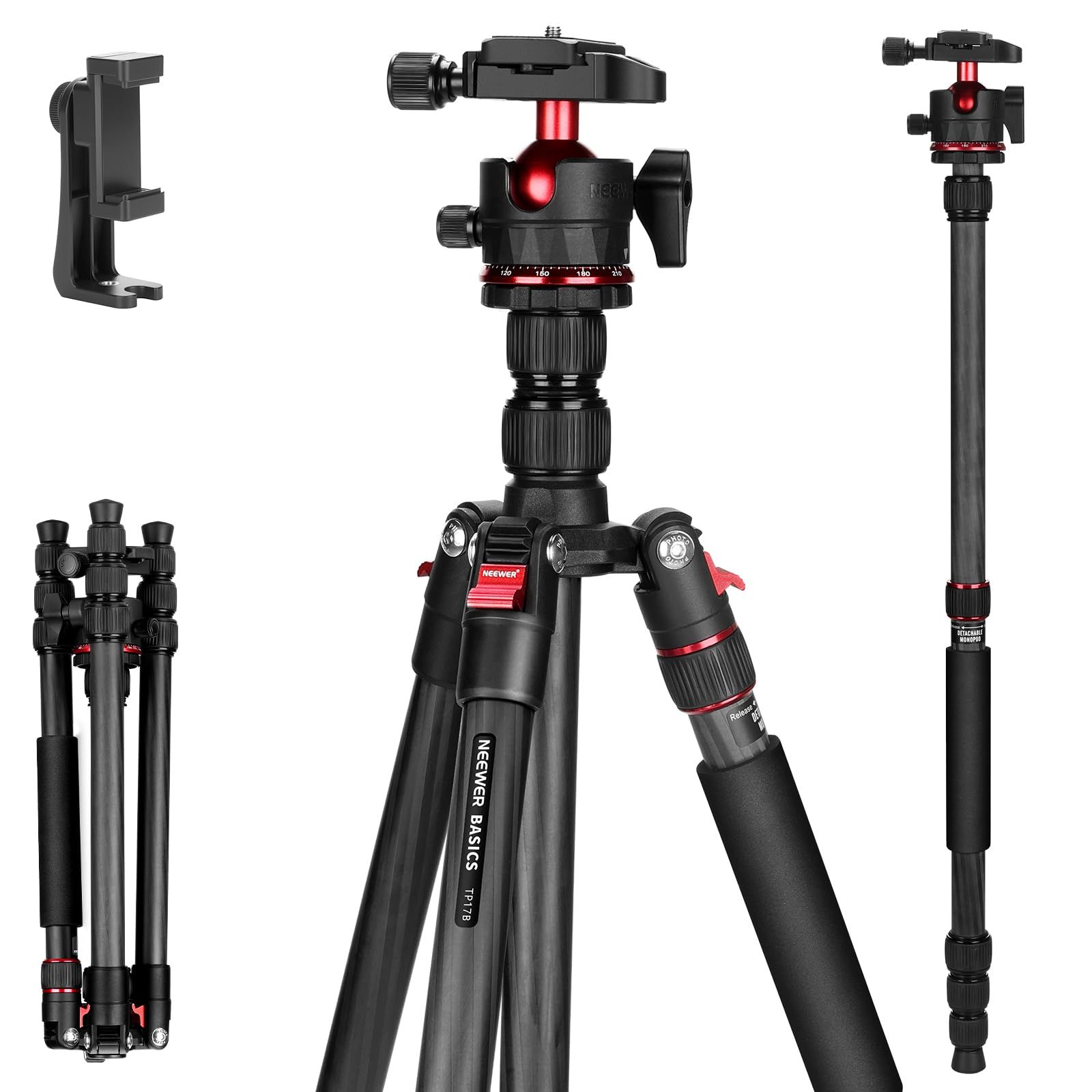 新品 NEEWER BASICS 162cm カメラ三脚一脚 カーボン製 トラベル三脚一脚 コンパクト 軽量 ポータブル ビデオ三脚 旅行用三脚 カメラ/iPhone用 撮影用三脚 スマホホルダーマウント/アルカ型ボールヘッド付き ビデオ録画用 最大荷重6kg
