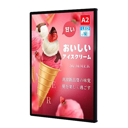 C-J-W LEDポスターパネル 薄型 卓上 壁掛け 光る看板 光るポスターフレーム ポスター入れLED看板 電飾看板 高輝度 高照度5500Lux A2サイズ ブラックpms