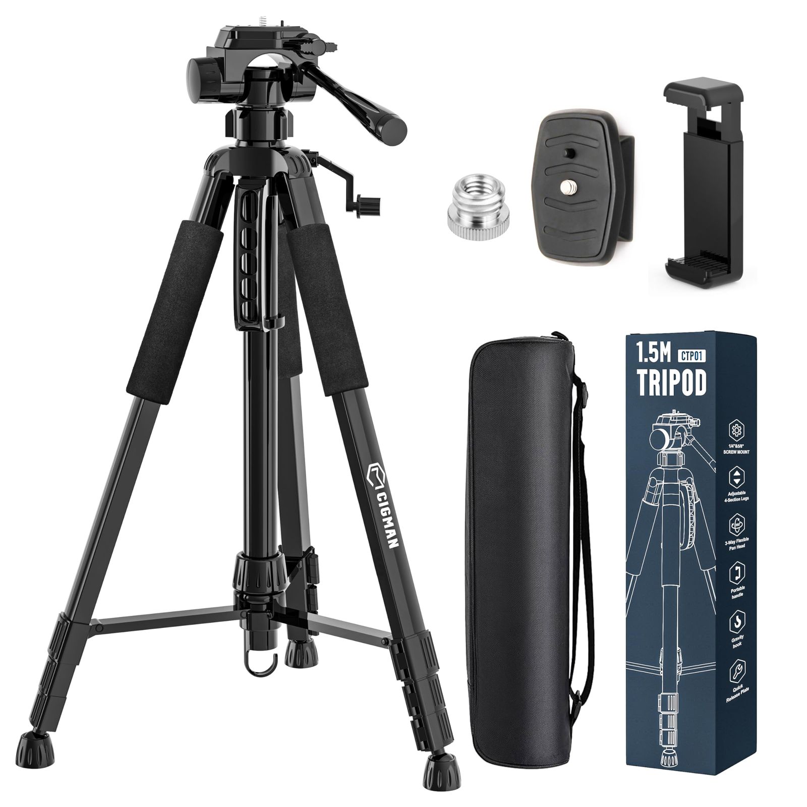 ??CIGMAN 1.5m軽量調整可能 レーザー墨出し器三脚?? 3方向スイベルヘッド スマホホルダー付属 クイックリリースプレート カメラ＆スマホ兼用三脚★m 1fba258e