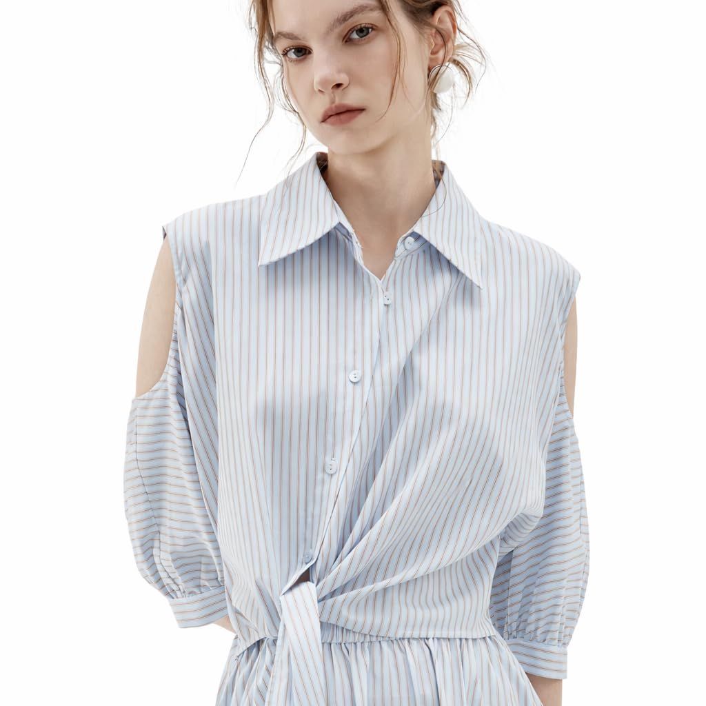 新品 ELLE ワンピース レディース 半袖 夏 きれいめ シャツワンピース ミモレ丈 ロングワンピース オフショルダー 通勤 オフィスカジュアル 薄手 ブルー ホワイト EL63865