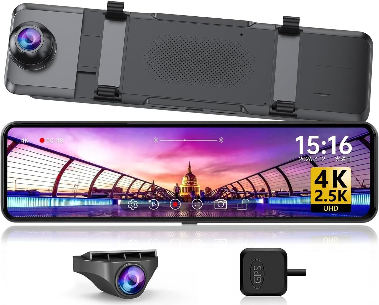 ドライブレコーダー ミラー型 大型12インチ ドラレコ 前後カメラ