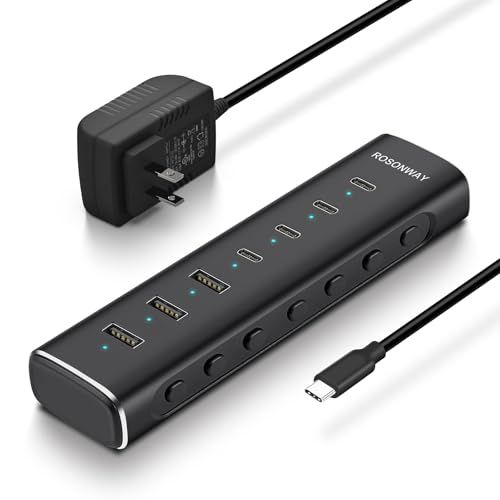 ROSONWAY USB3.2 Gen2 7ポート USBハブ USB-C×4・USB-A×3 10Gbps 高速転送 バスパワー セルフパワー 12V 3A 電源アダプター 1m USBケーブル 付属 アルミニウム アルミ 指示ランプ付き 1a803436