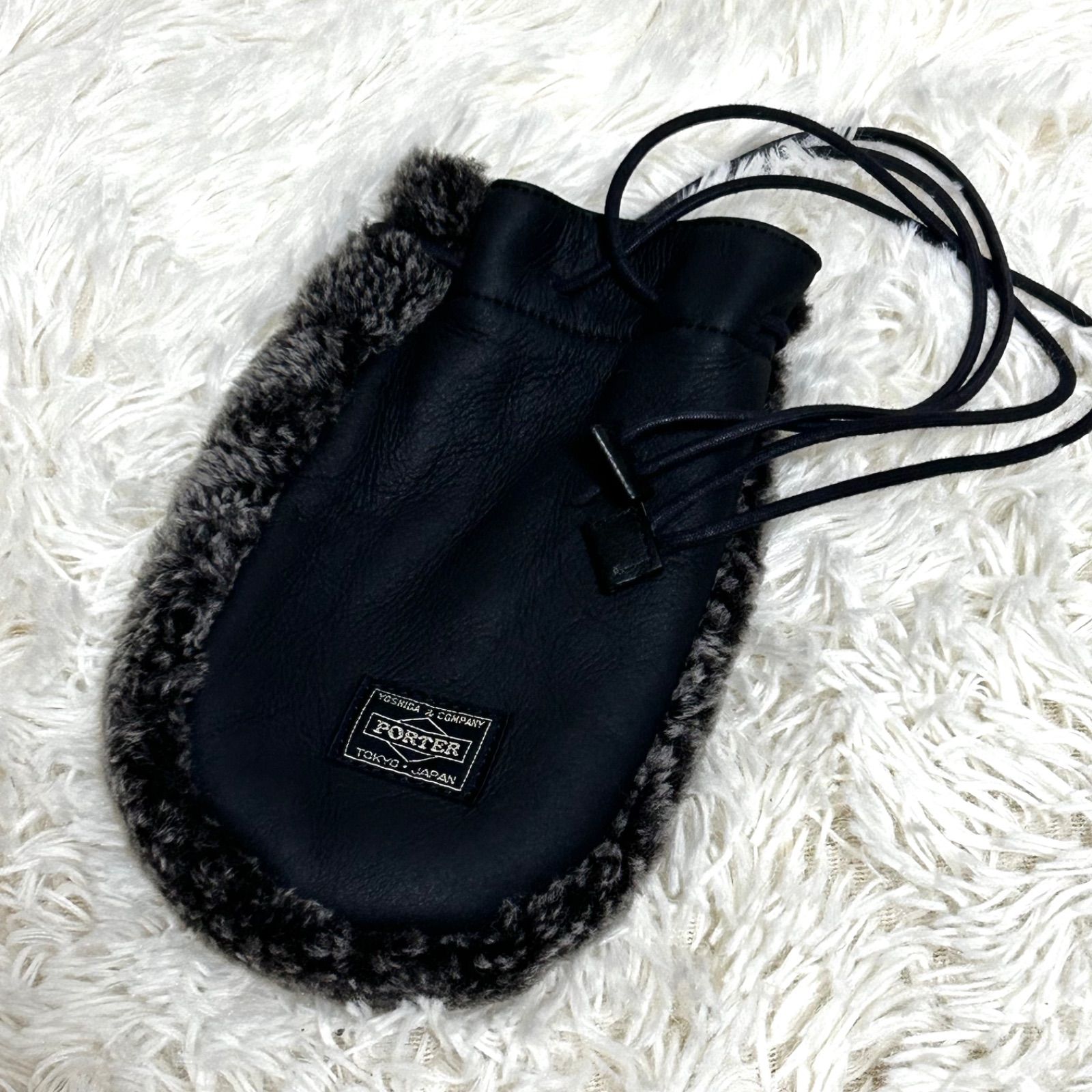 未使用級極美品　HEAD PORTER ポーター　レザーショルダー巾着　ファー　肩がけ可能