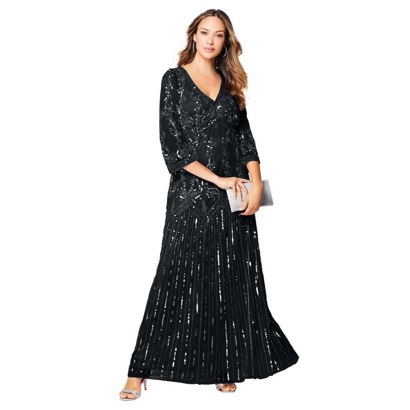 ロアマンズ レディース トップス ワンピース Vネック プラスサイズ マキシ Roamans Womens Plusize Beaded VNeck 34 Sleeve Maxi Gown Black