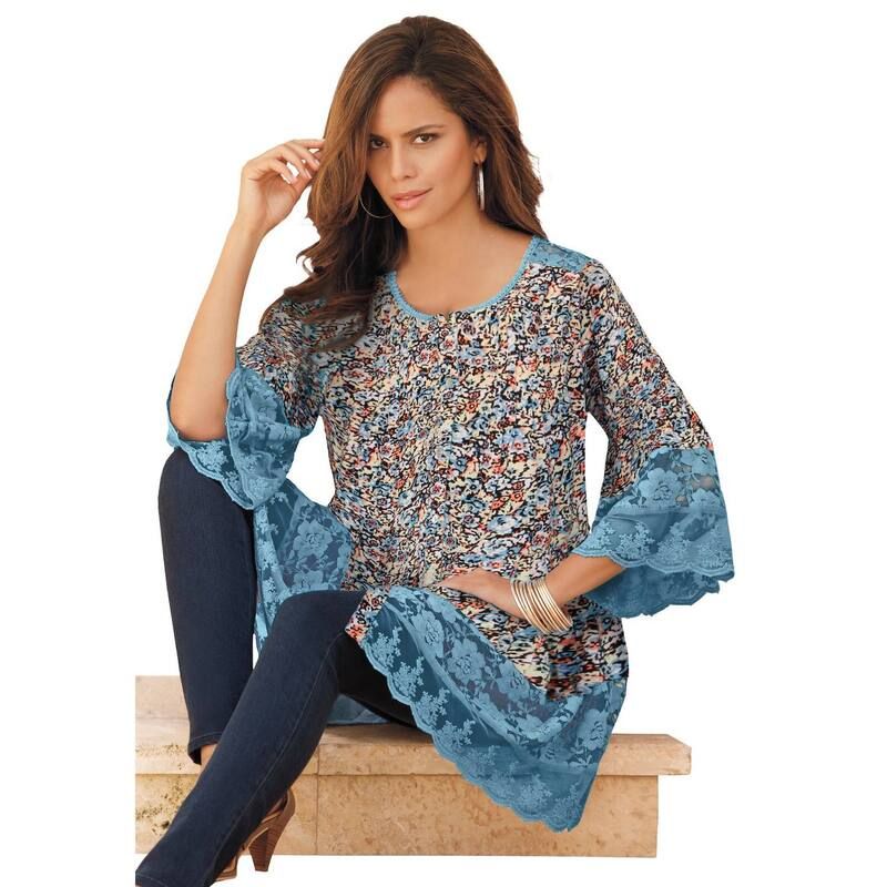 ロアマンズ レディース トップス Tシャツ プラスサイズ ブラウス レース Roamans Womens Plusize Lace Illusion Blouse Blue Print ブルー