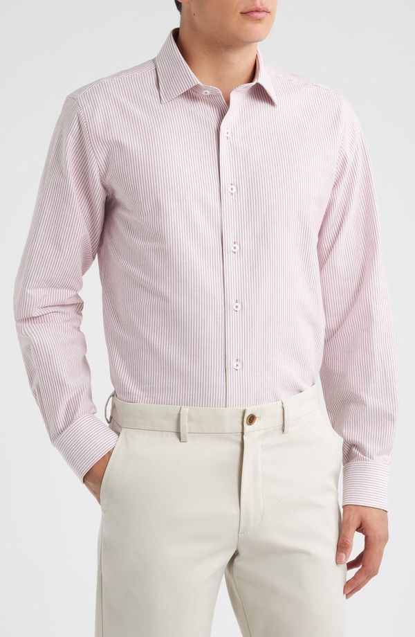 ロレンゾウオモ メンズ トップス シャツ オックスフォード コットン Lorenzo Uomo Trim Fit Stripe Cotton Oxford Cloth Dresshirt Dark R