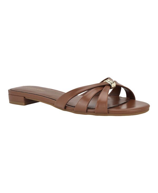 【送料無料】 カルバンクライン レディース スリッポン・ローファー シューズ Womens Petula Strappy Flat SlipOn Sandals Brown