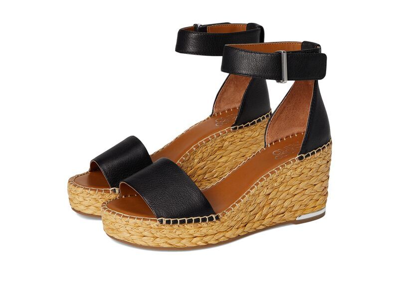 フランコサルト レディース シューズ ヒール サンダル Franco Sarto Clemens Raffia Espadrille Wedge Heel Sandals Black Leather