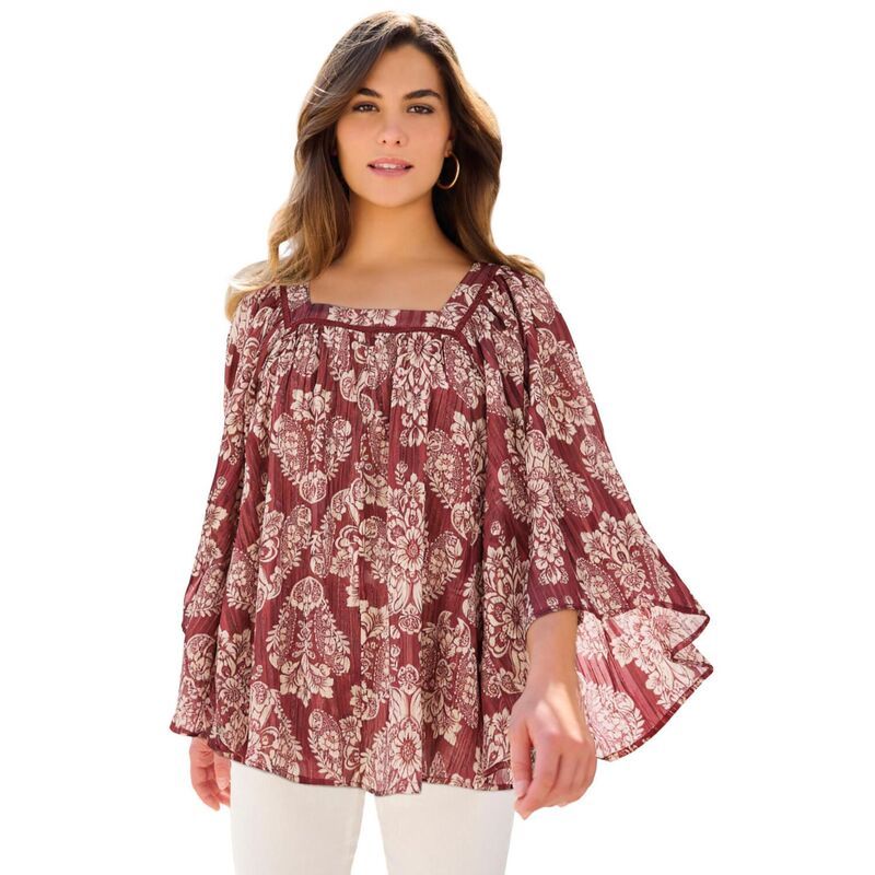 ロアマンズ レディース トップス シャツ プラスサイズ ブラウス Roamans Womens Plusize Square Neck Lurex Blouse Burgundy Peonies バー
