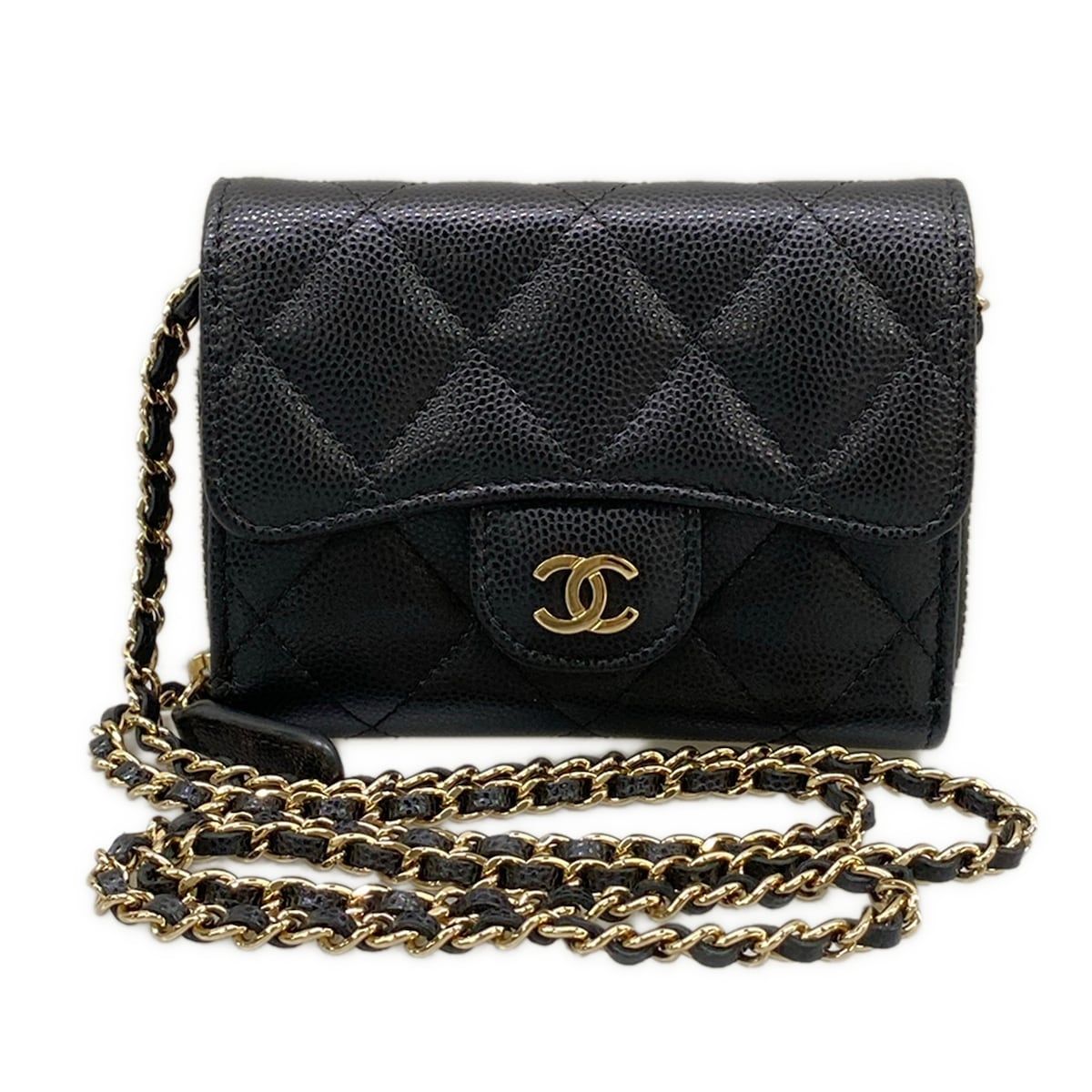 CHANEL(シャネル) 財布美品 クラシックミニチェーンウォレット/マトラッセ AP2569 黒 チェーンウォレット/ゴールド金具