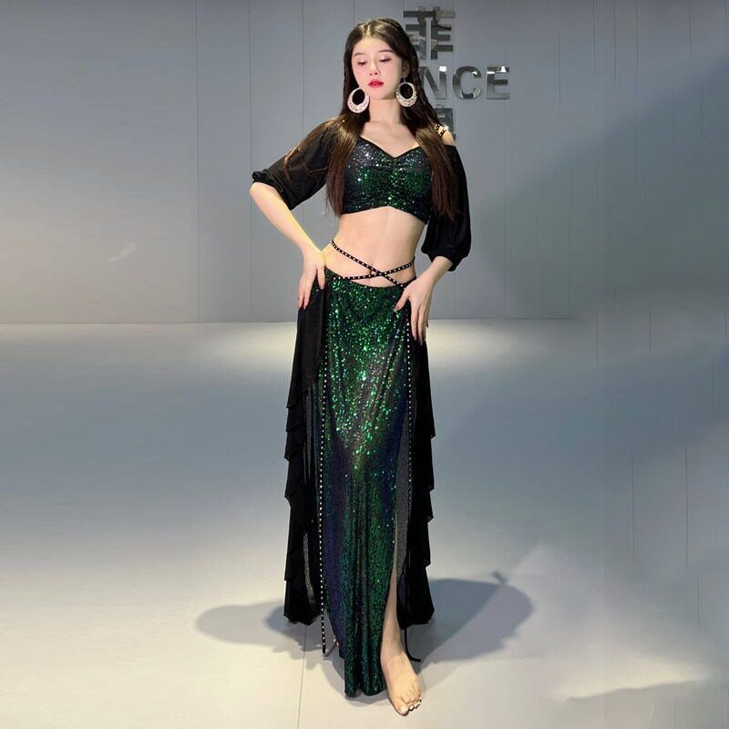 新品 レディース ベリーダンス衣装 ダンス服 セットアップ トップス ロングスカート マーメイド スパンコール オリエンタル アラビアン エジプシャン ターキッシュ ジプシー インド舞踊 ボリウッド ラテン 社交ダンス ハフラ ショー 舞台 発表会 練習着
