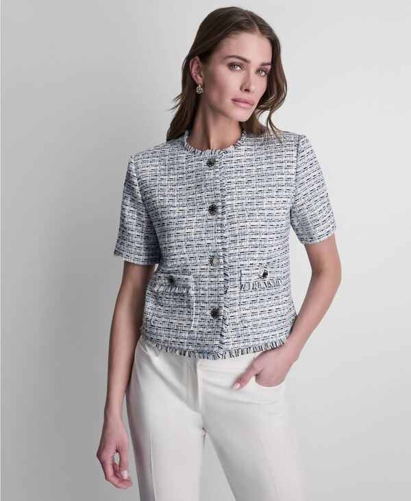 ダナ キャラン ニューヨーク レディース アウター ジャケット・ブルゾン ツイード クロップド DKNY Womens Tweed ButtonFront Cropped Jacket Blue Mu