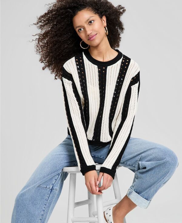アンドノウディス レディース アウター ニット・セーター クルーネック And Now This Womens Crewneck Stripe Crochet Sweater Macys Exclus