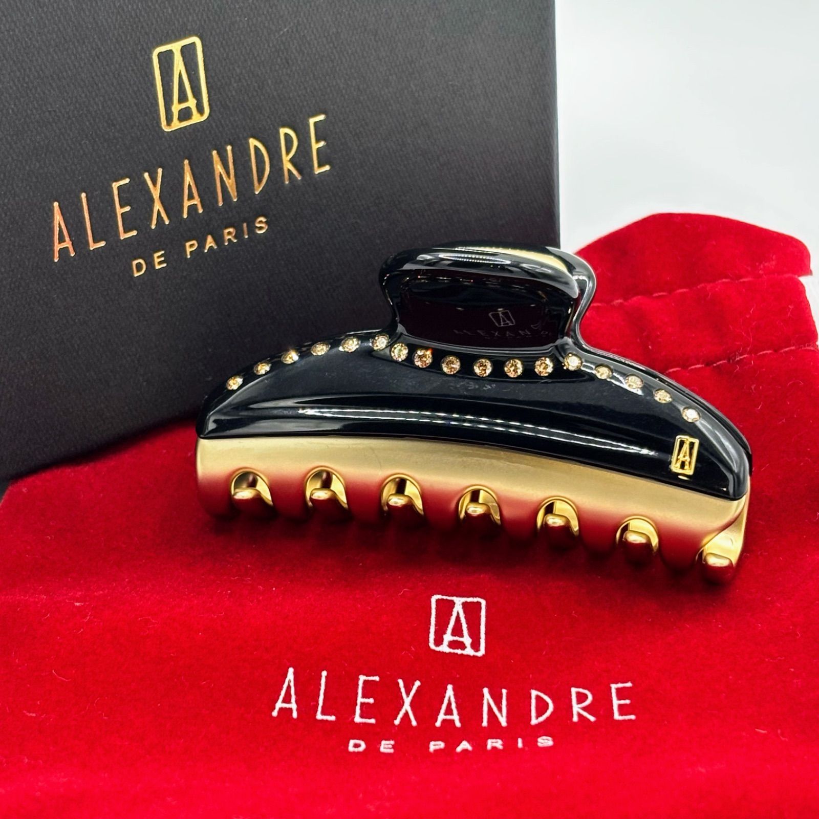 ALEXANDRE DE PARIS アレクサンドル ドゥ パリ ラインストーン付 ヘアクリップ ヴァンドームクリップ ブラック 黒 ゴールド フランス製 可愛い 上品 レディース ヘアアクセサリー 小物【中古】【送料無料】
