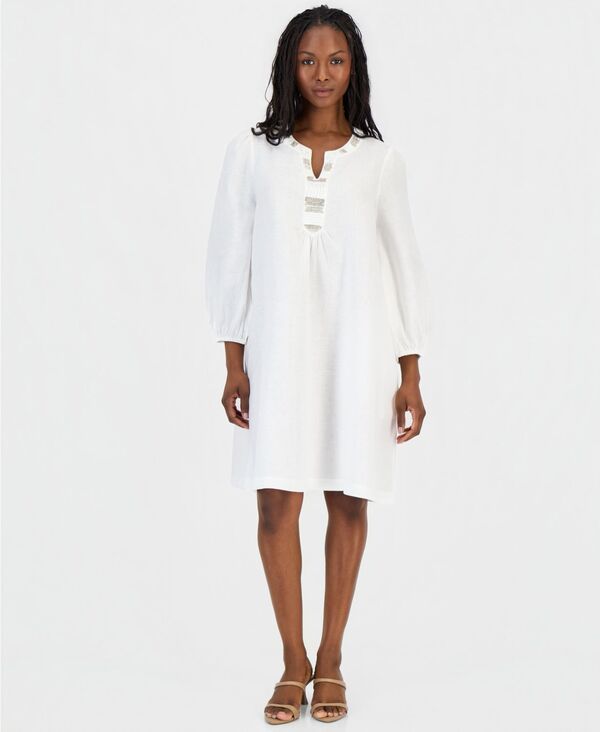 チャータークラブ レディース トップス ワンピース リネン Charter Club Womens 100 Linen Embellished SplitNeck Dress Bright White