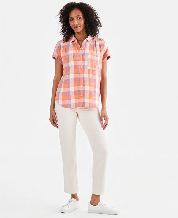 スタイルアンドコー レディース トップス シャツ コットン Style Co Womens Plaid Cotton Gauze ButtonUp Shirt Plaid Orange オレンジ