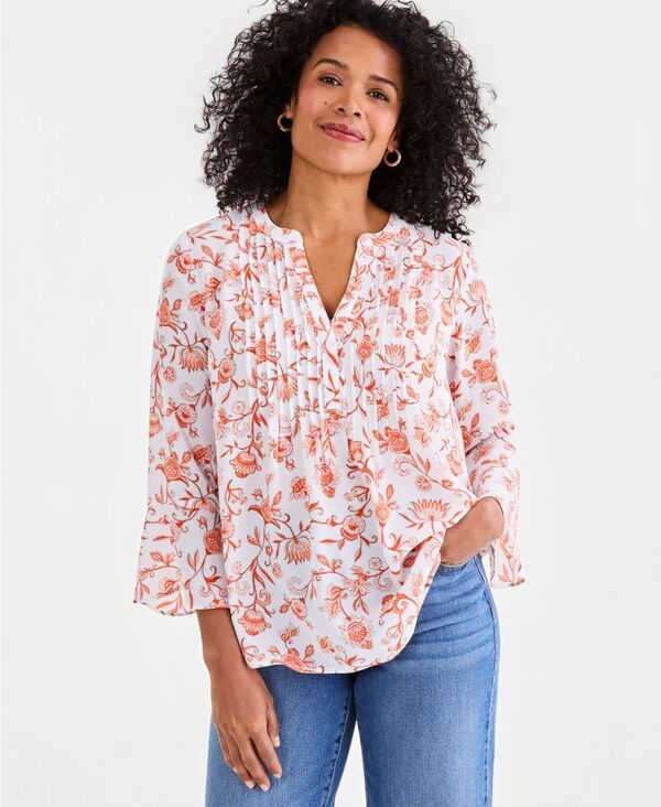 スタイルアンドコー レディース トップス シャツ プリント フリル Style Co Womens Printed Pintuck Ruffle Sleeve Top Bright White ホワイ