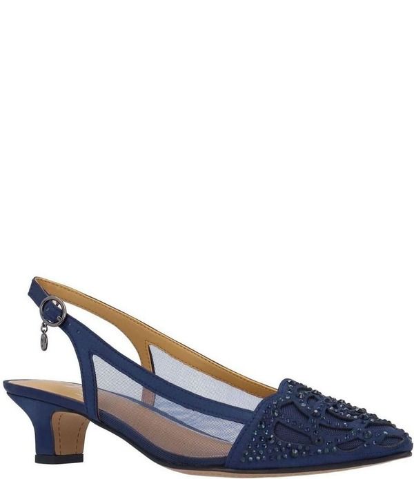 ジェイレニー レディース シューズ ヒール メッシュ サテン J Reneelsinora Rhinestone Satin Mesh Slingbackitten Heel Pumps Navy ネ