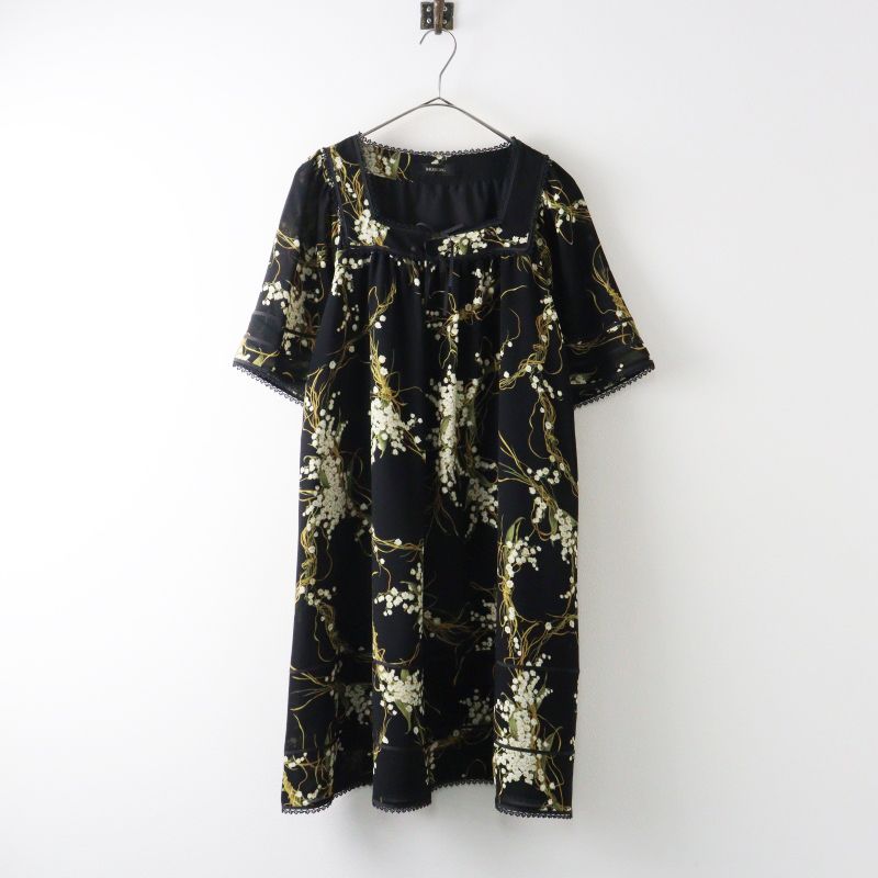 美品 Archive インゲボルグ INGEBORG すずらんプリントワンピース＼ブラック ドレス リボン ギャザー 花柄 レース リボン【2400015019215】