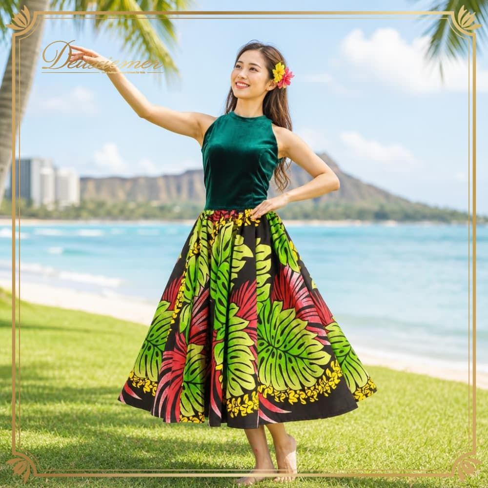 フラダンス 衣装 ALOHA STANDARDS アロハスタンダード ワンピース ドレス グリーン系 ベロア生地 モンステラ柄 花柄 植物柄 ハワイアンプリント ハワイアン ハワイアンダンス ノースリーブ フレアスカート 華やか 鮮やか かわいい おしゃれ