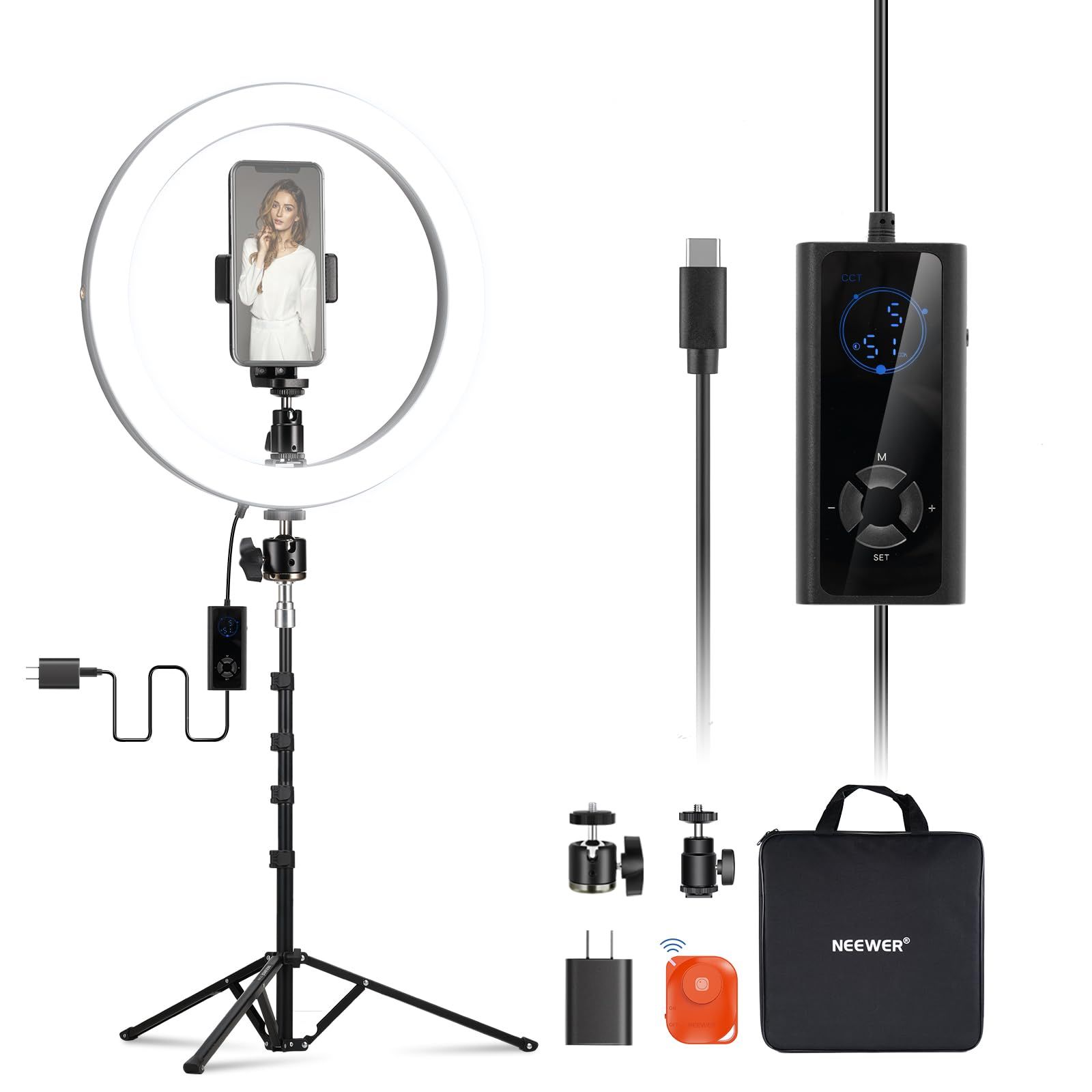 新品 NEEWER RH12B LEDリングライト 12インチ 自撮りライト 180cm三脚スタンドとスマホホルダー付属 スマホ用撮影ライト 24W 高出力 バイカラー 調光可能 2900K-7000K CRI 97+ 1810lux/0.5m 12シーン効果